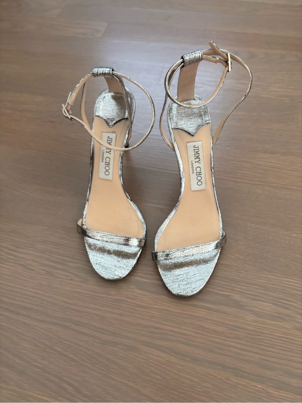 Jimmy Choo Metallic Silver Ankle-Strap Stilettos